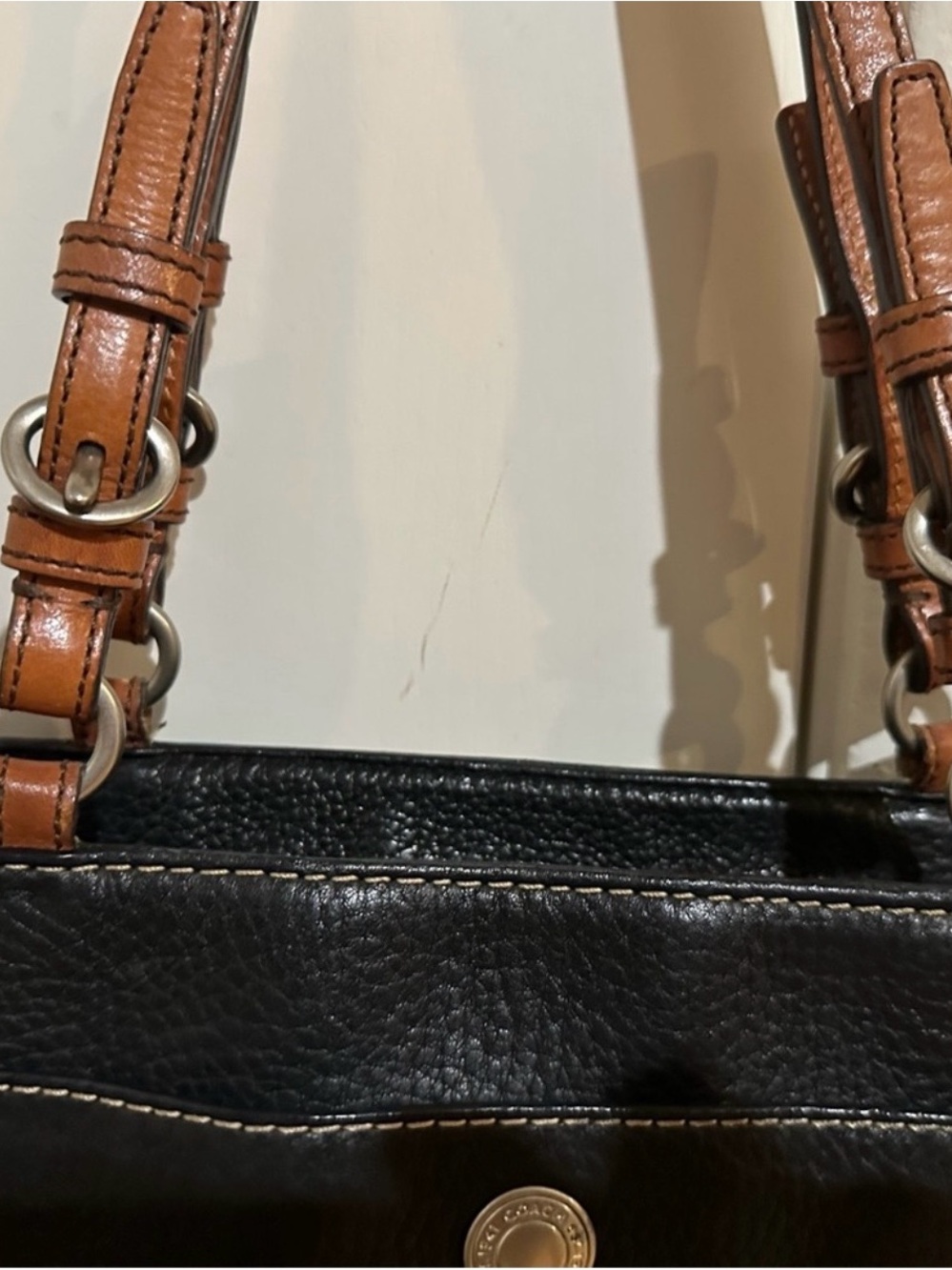 Coach Black Pebbled Leather Tote with Saddle Brown Handles - Picture 5 of 9